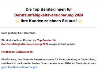 Die Top Berater:innen für Berufsunfähigkeitsversicherung 2024 ⭐ Ihre Kunden zeichnen Sie aus! ⭐