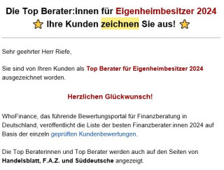 Die Top Berater:innen für Eigenheimbesitzer 2024 ⭐ Ihre Kunden zeichnen Sie aus! ⭐