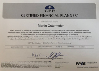 Urkunde Certified Financial Planner - zertifizierter Finanzplaner
