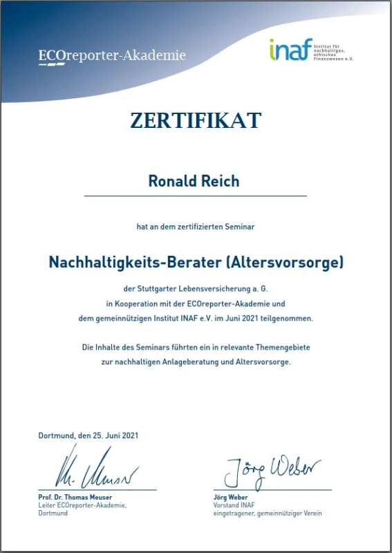 Zertifikat Nachhaltigkeits-Berater der inaf