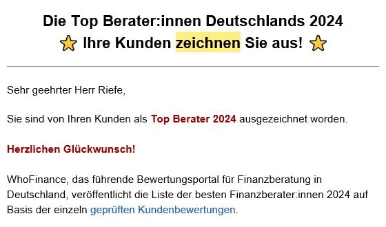 Tobias Riefe, Ihre Kunden haben Sie als Top Berater 2024 ausgezeichnet ⭐⭐⭐⭐⭐