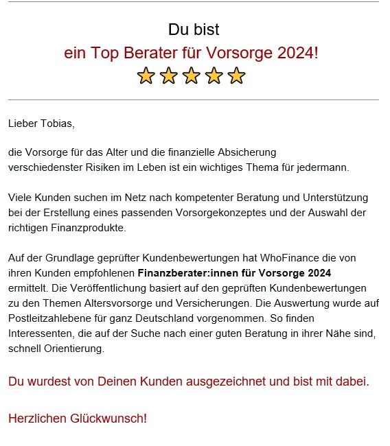 Du bist ein Top Berater für Vorsorge 2024!  ⭐⭐⭐⭐⭐