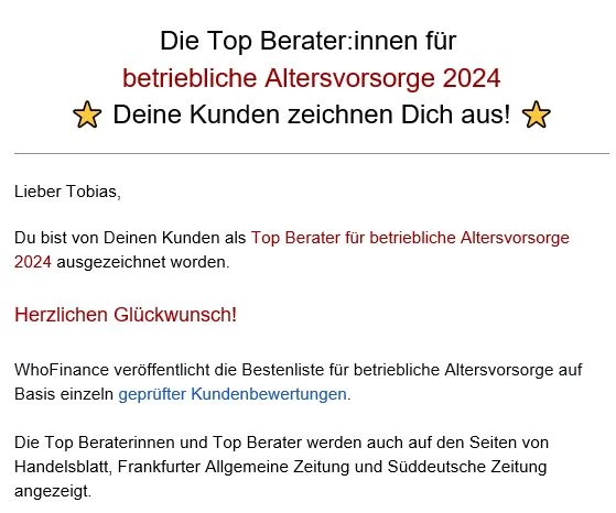 Die Top Berater:innen für  betriebliche Altersvorsorge 2024 ⭐ Deine Kunden zeichnen Dich aus! ⭐