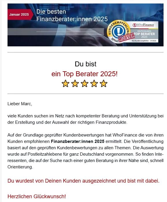 Du bist ein Top Berater 2025!  ⭐⭐⭐⭐⭐ Deine Kunden zeichnen Dich aus!