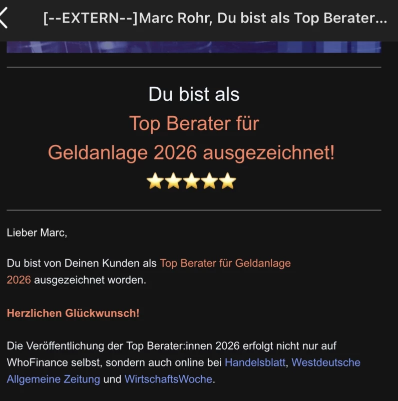Du bist ausgezeichnet als Top Berater für Geldanlage 2026 ausgezeichnet ⭐⭐⭐⭐⭐/20.3.2026