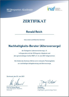 Zertifikat Nachhaltigkeits-Berater der inaf