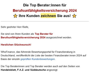 Die Top Berater:innen für Berufsunfähigkeitsversicherung 2024 ⭐ Ihre Kunden zeichnen Sie aus! ⭐