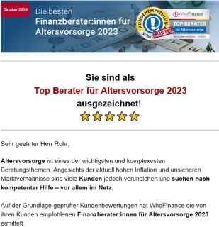 Sie sind als Top Berater für Altersvorsorge 2023  ausgezeichnet!  ⭐⭐⭐⭐⭐ / 13.10.2023