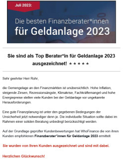 Sie sind als Top Berater*in für Geldanlage 2023 ausgezeichnet! ⭐⭐⭐⭐⭐