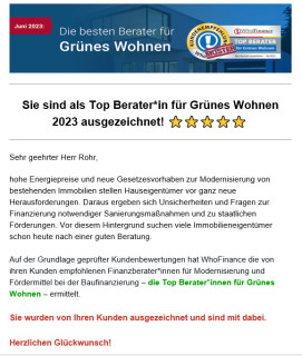 Sie sind als Top Berater*in für Grünes Wohnen 2023 ausgezeichnet! ⭐⭐⭐⭐⭐